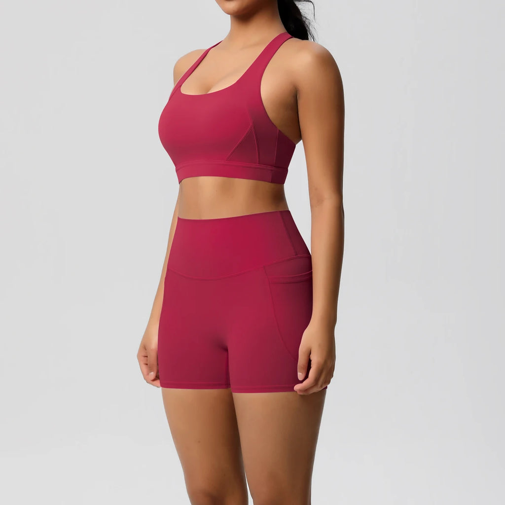 Women’s Yoga Outfit Set – Pocketed Shorts & Crossover Sports Bra