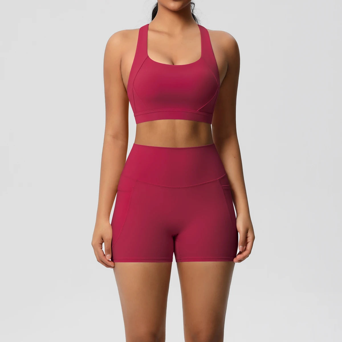 Women’s Yoga Outfit Set – Pocketed Shorts & Crossover Sports Bra