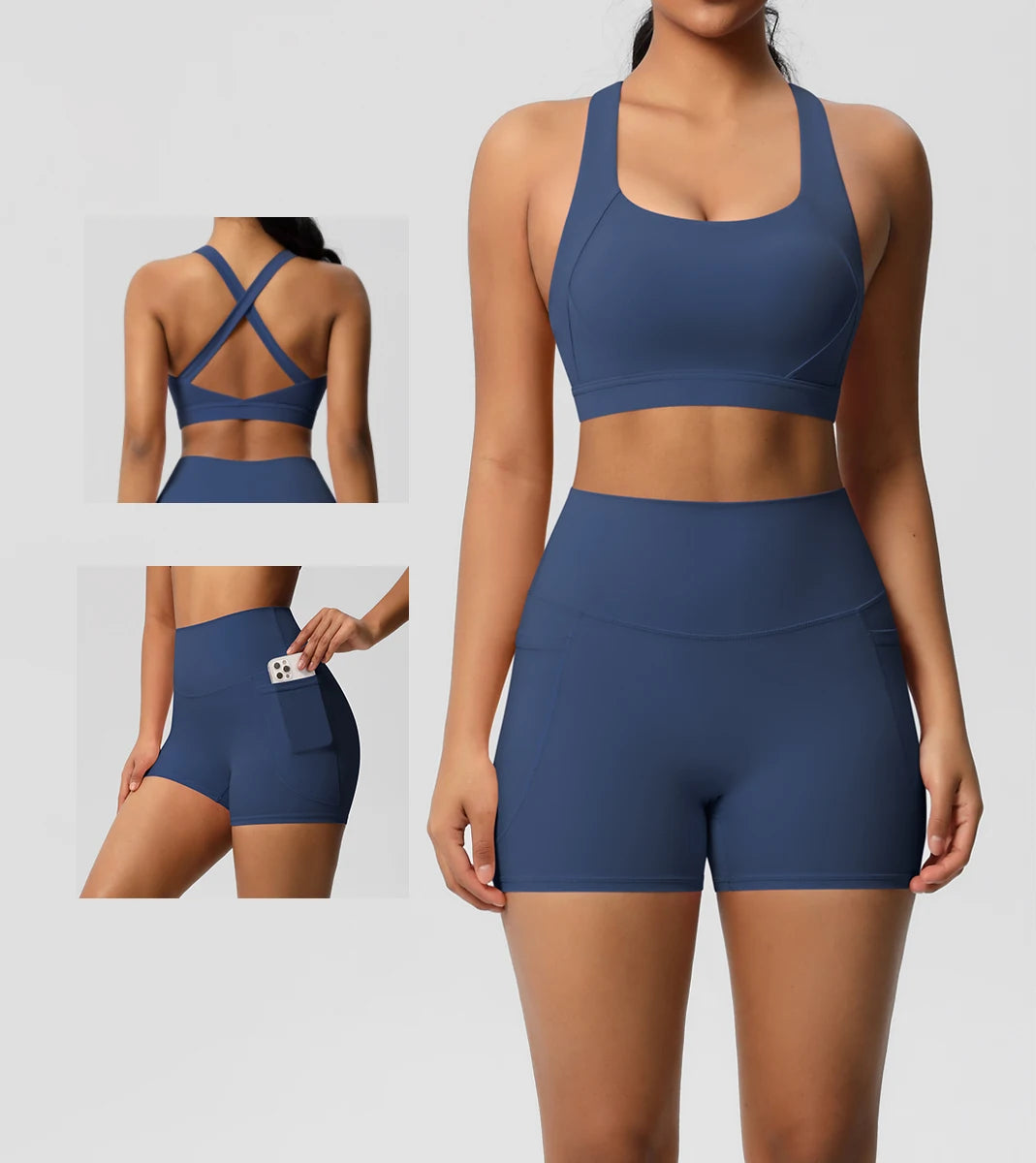 Women’s Yoga Outfit Set – Pocketed Shorts & Crossover Sports Bra