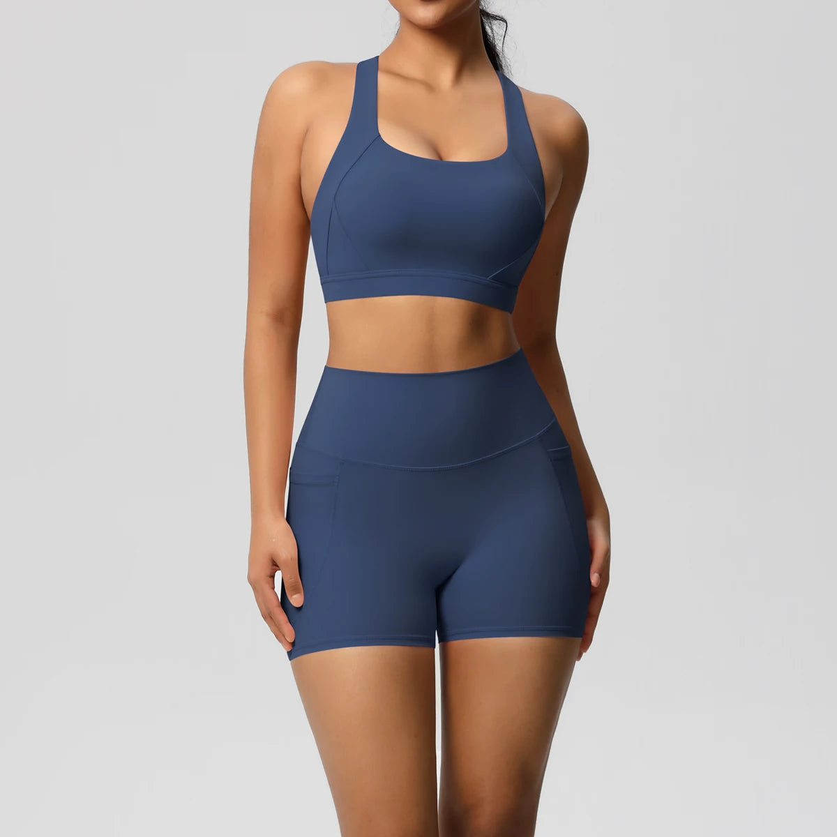 Women’s Yoga Outfit Set – Pocketed Shorts & Crossover Sports Bra