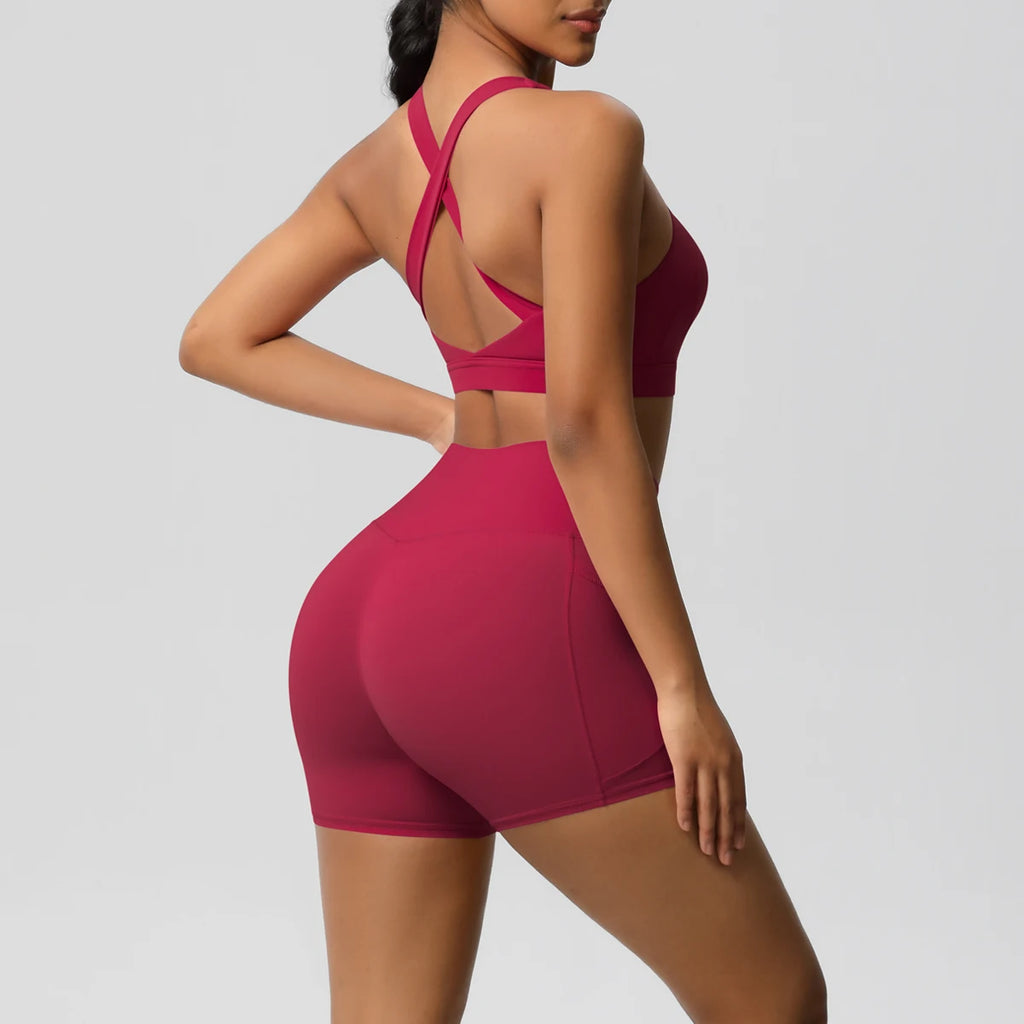 Women’s Yoga Outfit Set – Pocketed Shorts & Crossover Sports Bra