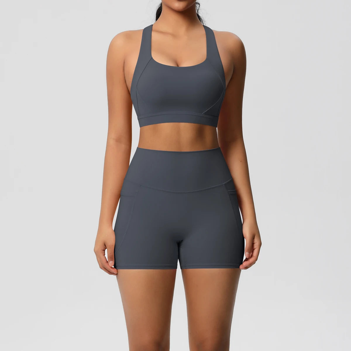 Women’s Yoga Outfit Set – Pocketed Shorts & Crossover Sports Bra