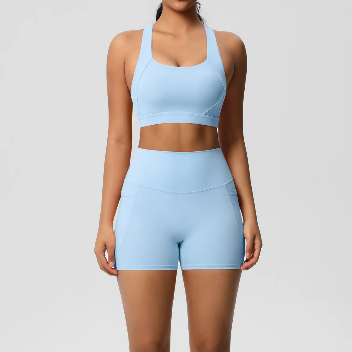 Women’s Yoga Outfit Set – Pocketed Shorts & Crossover Sports Bra