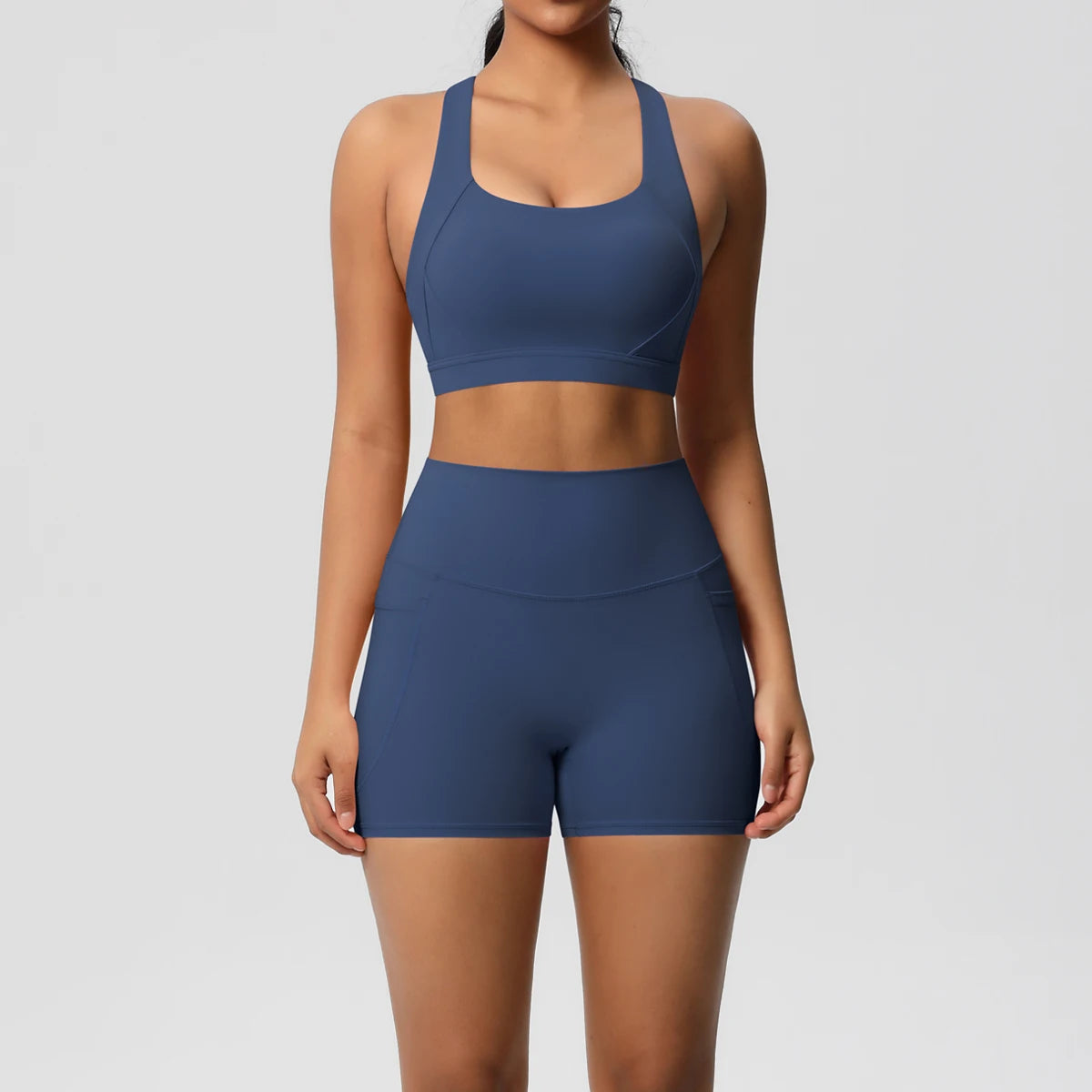 Women’s Yoga Outfit Set – Pocketed Shorts & Crossover Sports Bra